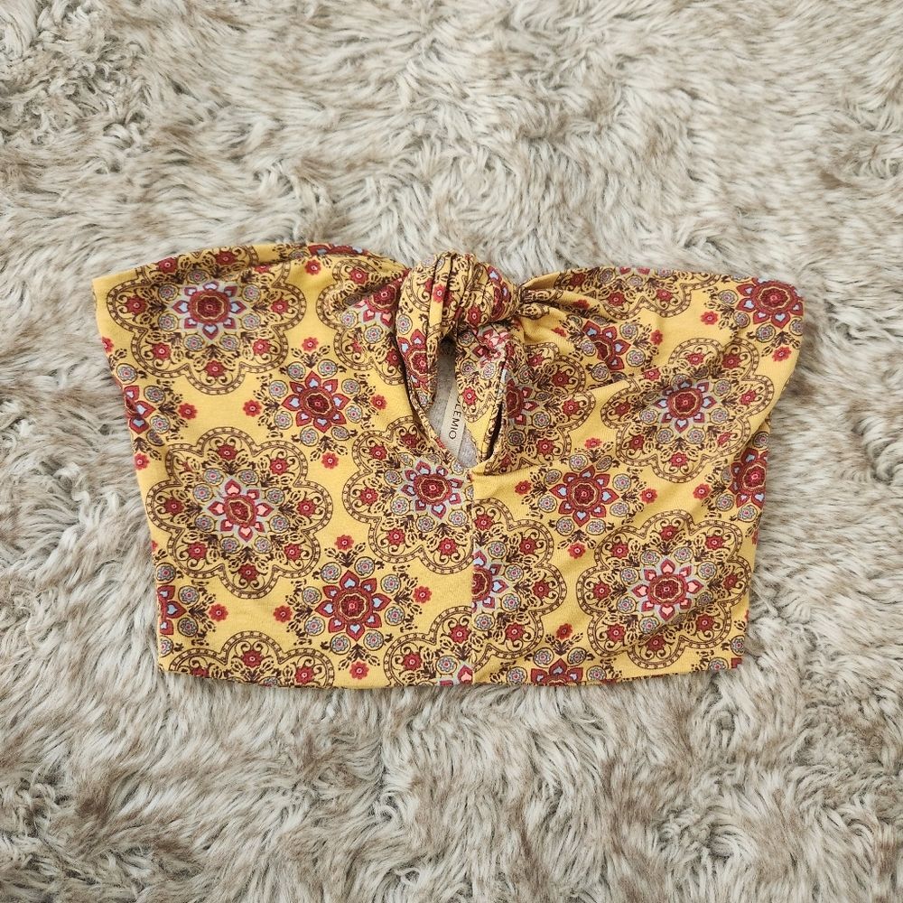 Solemio Tie Front Mandala Print Bandeau Crop Top Yellow Women's Size Small‎